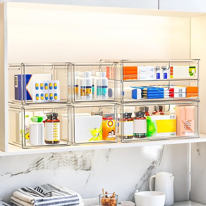 caktraie Acrylic Stackable Storage Drawers Set of 6, Clear Plastic Storage Boxes for Art Tool & Sketch, Storage Organizer, Makeup Organizer,Ideal for Vanity, Bathroom,Cabinet,Pantry Organization