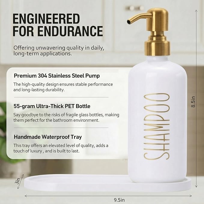 MOMEEMO Shampoo and Conditioner Dispenser Set with Tray, Refillable Shampoo Conditioner Body Wash Dispenser for Shower, Empty Shampoo Bottles with Pump, Bathroom Shower Soap Dispenser Set (Gold)