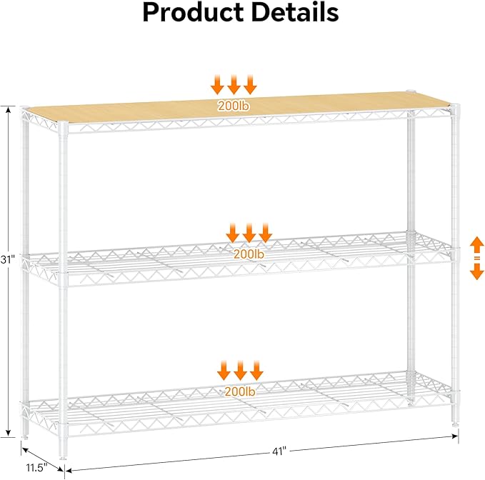 Homeiju 3-Shelf Storage Rack, 41" Wide Adjustable Standing Metal Shelving Unit with Removable Wooden Boards, Heavy Duty for Pantry, Bathroom, Garage, Entryway, Plant Stand, White