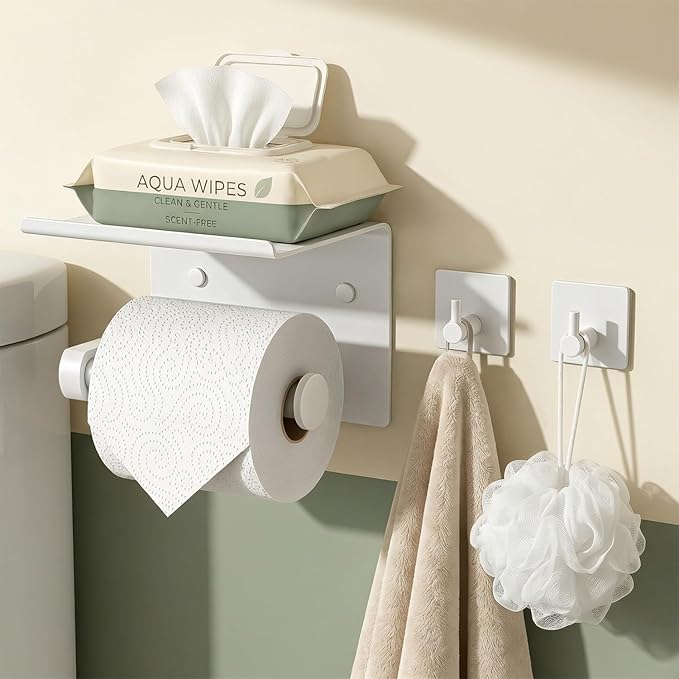 Tindbea Toilet Paper Holder with Phone Shelf + Towel Robe Hooks, Adhesive or Screw Wall Mounted Toilet Paper Roll Storage Dispenser, Stainless Steel Bathroom Tissue Roll Holder (White)