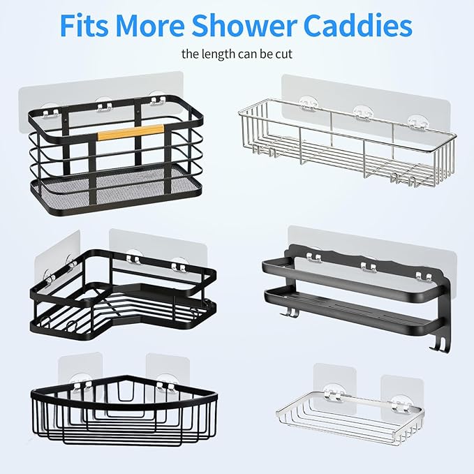 16 Pack Shower Caddy Adhesive Replacement Hooks, Waterproof No Drill Sticky Strips, Clear Transparent 3 Sizes for Shower Shelf, Soap Holder, Bathroom Organizer Basket and Kitchen Rack