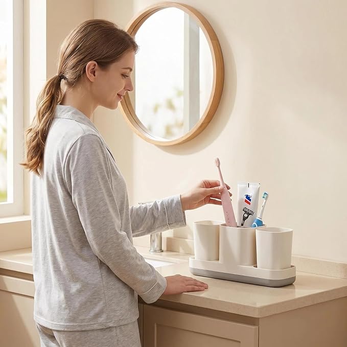 Toothbrush Holder for Bathroom, Electric Toothbrush and Toothpaste Organizer with 2 Cups, Bathroom Accessories Set for Kids and Families, White