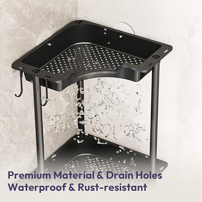 SWTYMIKI Corner Shower Caddy Standing - 3 Tier Rustproof Plastic Shower Caddy, Floor Corner Shelf, Free Standing Rack Storage Stands for Bathroom, Black