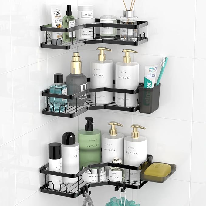 AKTECKE Corner Shower Caddy Bathroom Organizer: Stainless Steel Adhesive Shower Rack - 3Pack No Drilling Shower Shelf - Rustproof Bathtub Organizer