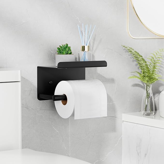 Adhesive Toilet Paper Holder with Phone Shelf, Wall Mounted Toilet Paper Roll Holder, Rustproof Bathroom Tissue Roll Holder with Shelf, Sticky Toilet Paper Roll Holder- Matte Black…