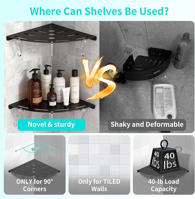 2 Pack Corner Shower Shelves, 304 Stainless Steel Corner Shelf Bathroom with 6 Hooks 40 lbs Heavy Duty, Durable for Inside Shower Brushed Nickel Drilling Installation(Black)