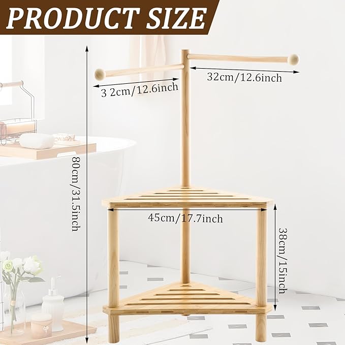 Threehoney 2 Tier 17" x 31" Bamboo Corner Shower Stool Shelf with Towel Bar for Bathroom Wood Foot Rest, Shower Storage Organizer Bench Caddy for Inside, Small Spaces Free Standing