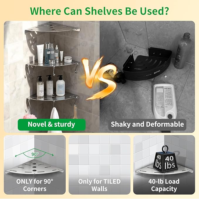 3 Pack Corner Shower Shelves, 304 Stainless Steel Corner Shelf Bathroom with 6 Hooks 40 lbs Heavy Duty, Durable for Inside Shower Brushed Nickel Drilling Installation（Silver