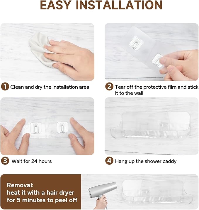 Acrylic Shower Shelves,Self Adhesive Bathroom Shelf No Drilling, Clear Shower Caddy with Adhesive Strips, Drain Holes, Wall Mounted Shower Organizer for Bathroom Storage, Large
