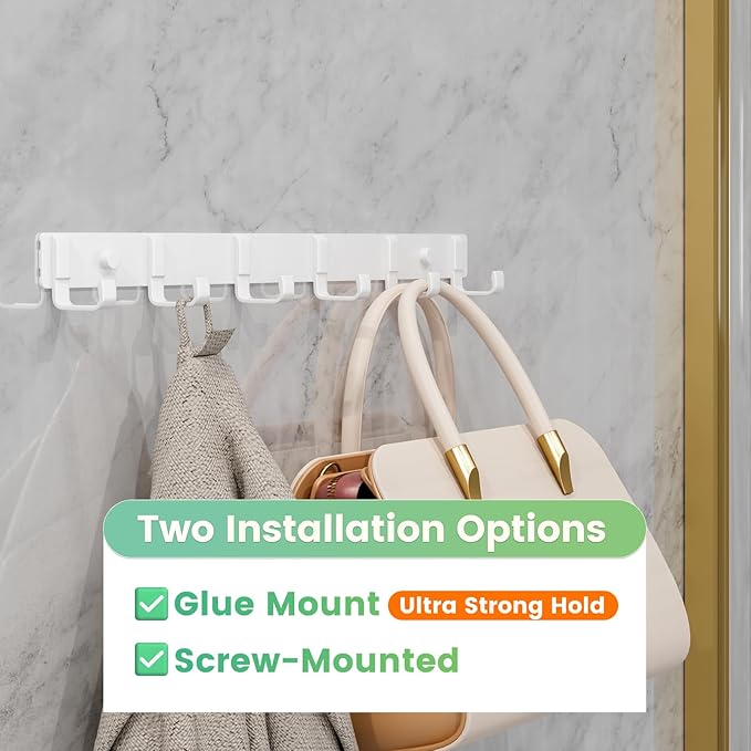Coat Rack Wall Mount (2 Pack), Heavy Duty Wall Coat Hanger with 6 Coat Hooks for Entryway, Bedroom, Closet, Hanging Hats, Bags, Purses Jacket (White)
