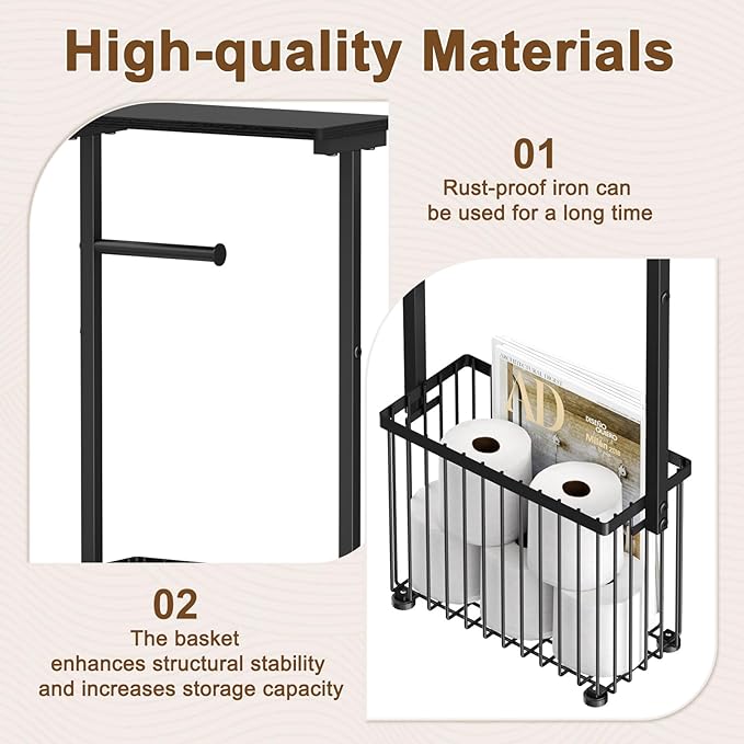 Free Standing Toilet Paper Holder Toilet Storage Stand Bathroom Holder with Storage Paper Towel Holder with Shelf,Simple Black,Can Hold 4-6 Rolls.Place Mobile Phones