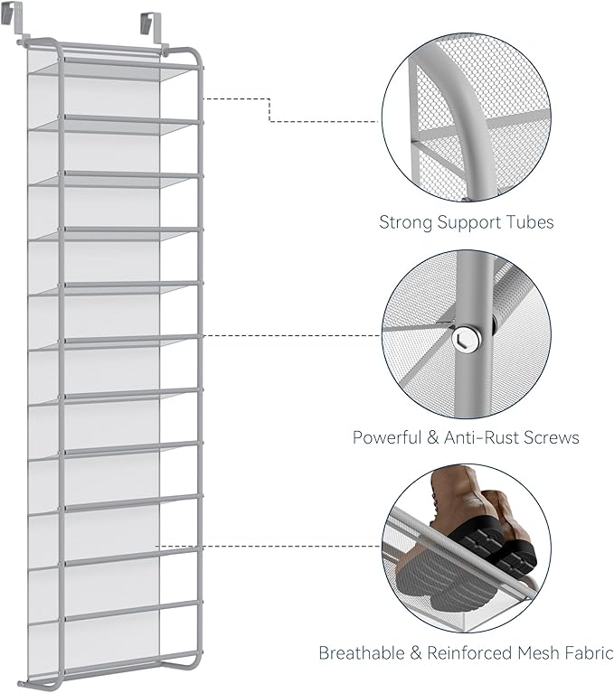 Whitmor 36 Pair Over The Door Shoe Organizer, 12 Tier Hanging Shoe Organizer, Heavy Duty Metal & Mesh Shoe Holder, Hanging Shoe Rack for Closet Organizer & Storage, 74"L x 21.7"W x 7.5"H, Grey