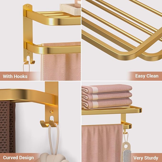 23 Inch Gold Bathroom Towel Rack Towel Shelf with Double Towel Bars Lavatory Wall Mount Holder with Hooks Golden Stainless Steel Hotel Bath Rack