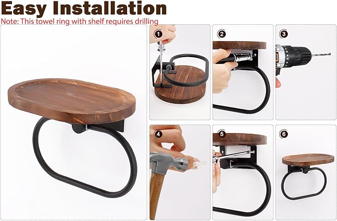 Hand Towel Ring with Shelf, Stainless Steel Hand Towel Holder, Heavy Duty Bath Accessories, Wall Mounted Towel Hanger for Bathroom Kitchen (Wood Black)