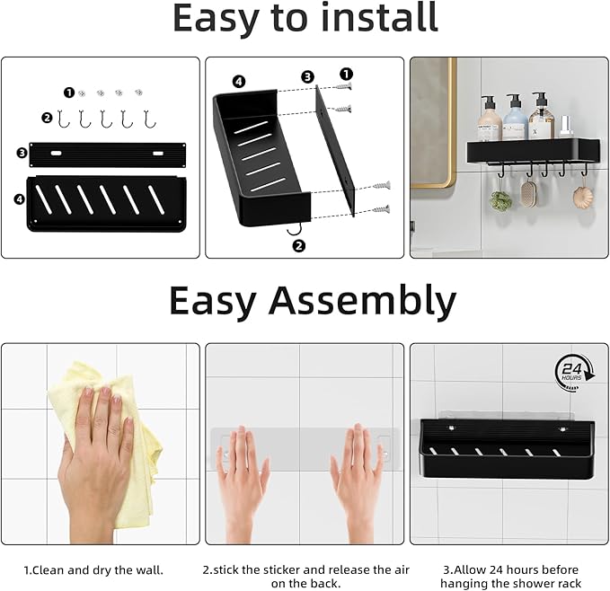 Wisfame Shower Caddy Adhesive, No Drill Rustproof Bathroom Shelf, 2 Pack Large Capacity Aluminum Shower Shelves, Shower Organizer Rack with 5 Removable Hooks,Black