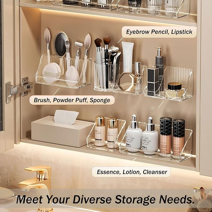 6 Pcs Medicine Cabinet Tray Organizer, Bathroom Vanity Toilet Cabinet Inside Shelves Storage Holder for Skincare Perfume Lipsticks Jewelry Brushes, Plastic Clear