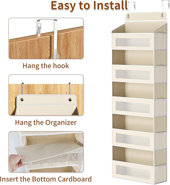 Over The Door Organizer with 5 Large Pockets, Over the Door Storage 10 Side Pocket 44 lb Load Behind Door Storage, Closet Door Organizer Hanging Shelf for Wall Bathroom Bedroom Nursery, 5-Tier Beige