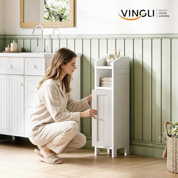 VINGLI Small Storage Corner Floor Cabinet, 7.9" Narrow Toilet Paper Storage Holder with Fluted Door, Skinny Freestanding Organizer for Small Spaces, Slim Bathroom Storage Cabinet, White