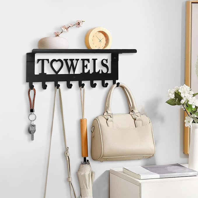 Towel Rack with Shelf 8 Hooks, Bathroom Towel Holder Metal Shelf Organizer, Wall Mounted Storage for Towels, Robes, Clothes in Bathroom, Hot Tub, Kitchen, Bedroom,Home