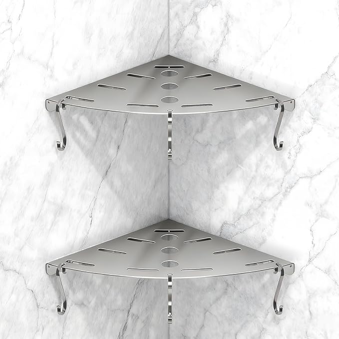 2 Pack Corner Shower Shelves, 304 Stainless Steel Corner Shelf Bathroom with 6 Hooks 40 lbs Heavy Duty, Durable for Inside Shower Brushed Nickel Drilling Installation (Silver)