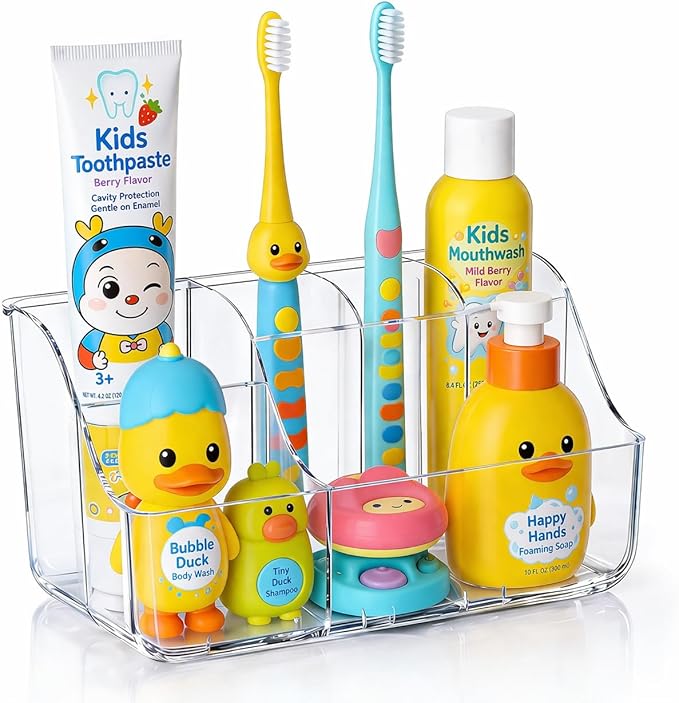Sotfamily Clear Kids Toothbrush Holders for Bathrooms, Wall-Mounted Tooth Brush Holder & Toothpaste Holder for Bathroom Countertop or Wall, Space-Saving Bathroom Organizers and Storage(No-Drill)