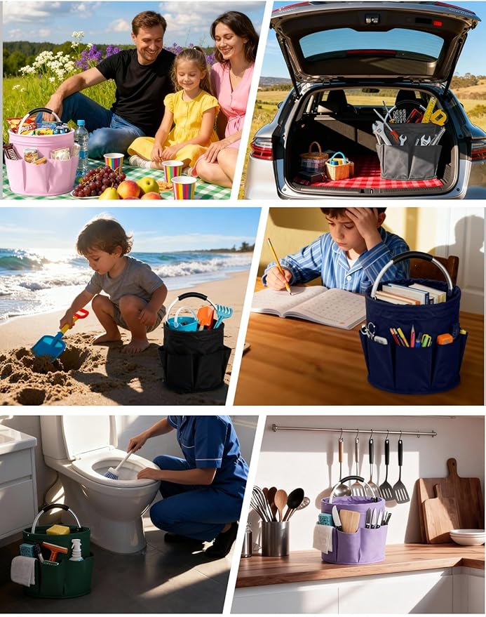 Cleaning Caddy with Handle, Cleaning Products Organiser, Foldable Storage Basket, Large Supply Organiser 17L with 6 Pockets, Portable Cleaning Caddy for Home & Garden (Dark Grey)