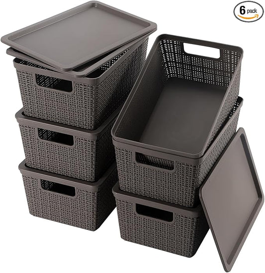 6 Pack Plastic Storage Baskets With Lids,Grey Breathable Stackable Storage Bins,Small Storage Containers,for Organizing Storage Baskets on Desktops,Closets,Playrooms,Classrooms,Offices