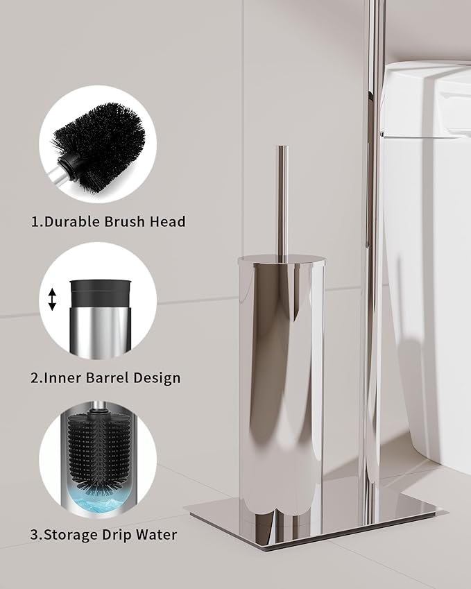 Toilet Paper Holder Stand, Free Standing Toilet Paper Holder with Shelf for Bathroom, Stainless Steel Chrome Toilet Tissue Holder with Brush and Holder Set, Weighted Base