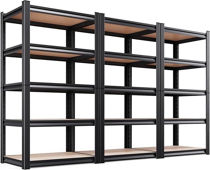 3Pack Storage Shelves,2500LBS Garage Shelving,Adjustable Garage Shelves,Heavy Duty Metal Shelving, 5 Tier Wood Utility Steel Shelf, Shelving Units and Storage Rack fo Kitchen Pantry Laundry