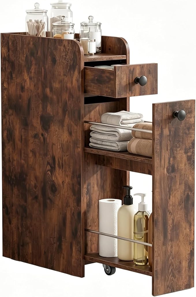 Tangkula Slim Bathroom Storage Cabinet, 4-Tier Narrow Small Side Storage Cabinet Next to Toilet, Slide Out Drawers on Casters, Floor Organizer Toilet Paper Holder for Small Spaces (Rustic Brown)