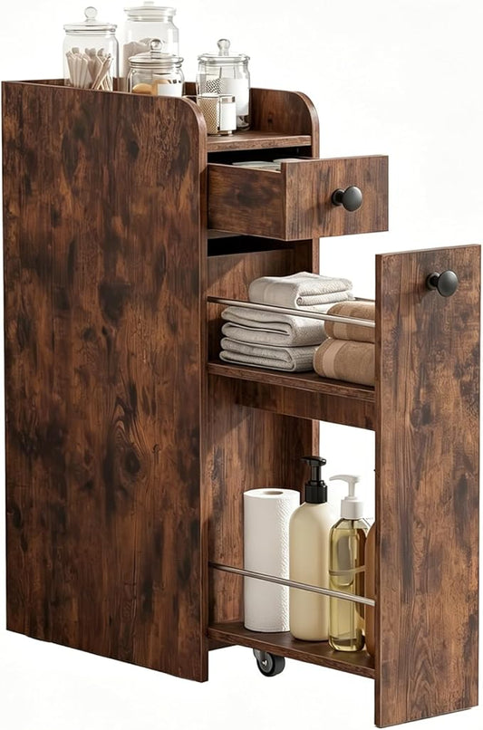 Tangkula Slim Bathroom Storage Cabinet, 4-Tier Narrow Small Side Storage Cabinet Next to Toilet, Slide Out Drawers on Casters, Floor Organizer Toilet Paper Holder for Small Spaces (Rustic Brown)