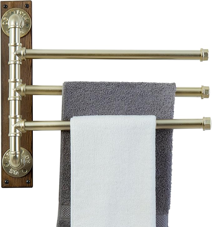 MyGift Swivel Towel Rack, Wood Towel Bar Holder with 3 Tier Industrial Metal Pipe, Wall Mount Towel Hanger Storage for Bathroom, Kitchen, Pool Outdoor (Brass)