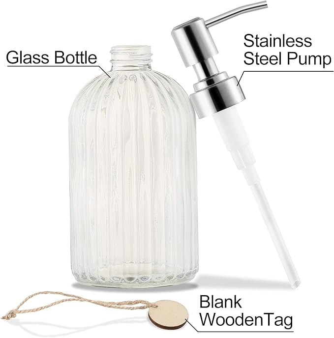 MOCLIF 16 OZ Soap Dispenser，Tempered Glass Clear Vertical Stripe with 304 Rust Proof Stainless Steel Pump Refillable Liquid Hand Soap Dispenser，for Bathroom, Kitchen, Dish Soap，Lotion (Clear)