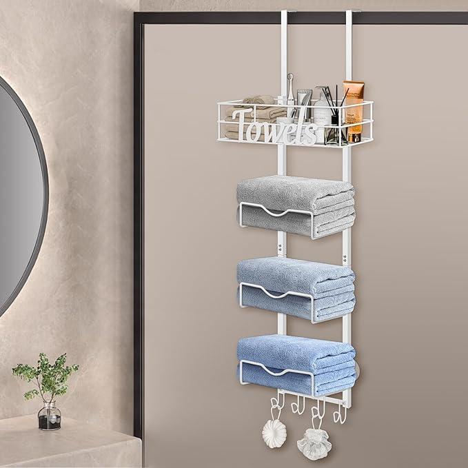 Over The Door Towel Racks, No Drill Towel Storage with Basket & Hooks, Space-Saving Multi-Functional Towel Holder for Bathrooms, bedrooms, Apartments, RVs (White, 5 Tier)