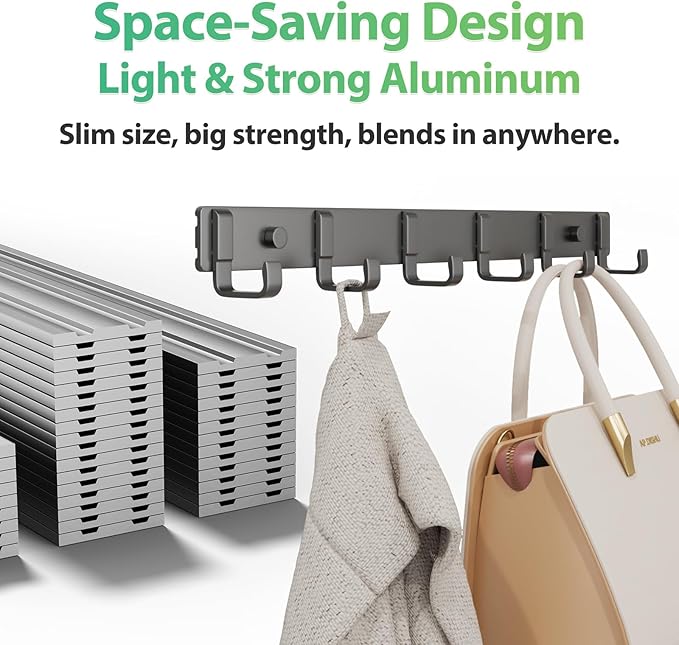 16-Inch Wall Mount Coat Rack with 6 Hooks, Compact Hooks for Hanging Coats, Hats, Jacket, Bags and Purses in Entryway, Bedroom, Bathroom or Closet, Install with Strong Glue or Screws (2-Pack)