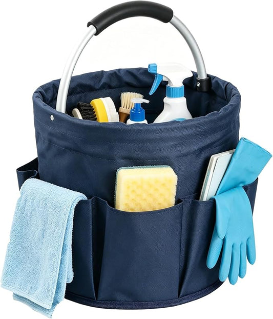 17L Cleaning Caddy with Handle, Portable Shower Caddy in 600D Oxford Fabric, Bucket Tool Organizer with 6 Side Pockets, Collapsible Storage Basket for Cleaning, Camping, Navy Blue