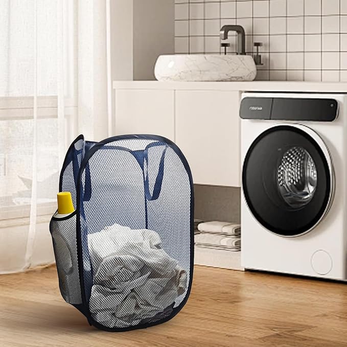 Pop up hamper, the upgraded laundry basket with breathable side pocket mesh. Ideal for room, apartment, dormitory, travel, business trip & kids storage (1, Dark blue)