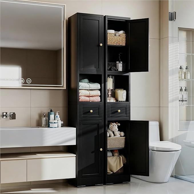 71 Inch Tall Narrow Bathroom Storage Cabinet, Slim Metal Freestanding Floor Cabinet with Doors, Adjustable Shelves, Drawer & Open Shelf, Bathroom Organizer for Small Spaces, Black