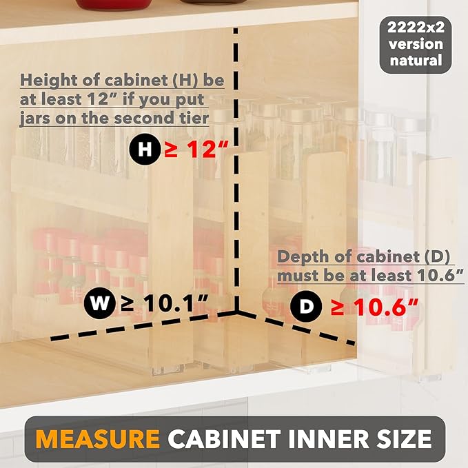 SpaceAid Bamboo Pull Out Spice Rack Organizer for Cabinet, Heavy Duty Slide Out Seasoning Kitchen Pantry Sliding Vertical Organization, 10.1" Wide, 4 Drawers(2" Wide), 2-Tier, Natural