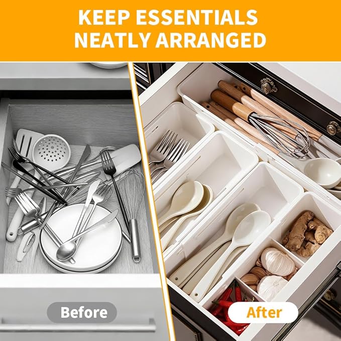 Adjustable Sliding Drawer Organizer Bin - 2 PCS Deep Drawer Organizer Bin Expandable Kitchen Organizer Trays for Kitchen Utensils, BBQ Tools, Home, Office, Makeup Storage Tools, 2PCS
