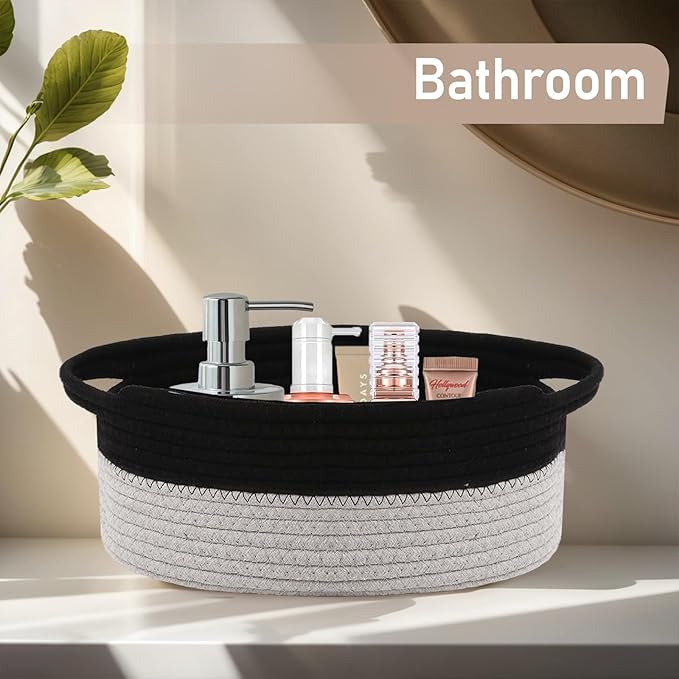 JMvicyroam Woven Basket,Small Rope Storage Bin with Handles & Ribbon Bag, Organizer for Shelves Closets,Gift Basket Empty for Birthday,Books,Dog Toys, Black&Grey/3 Pack