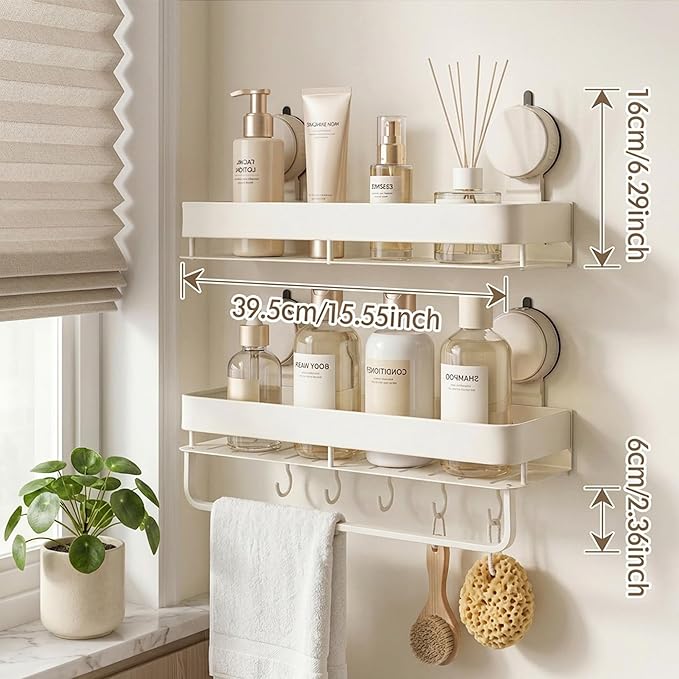 Wide Aluminum Suction Cup Shower Caddy(2-Pack Cream White),Shower Shelves for Bathroom Wall,Wall Mounted Bathroom Shelves with Towel Bar & Hooks