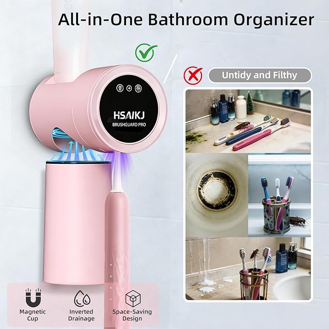 Wall Mounted Toothbrush Holder for Bathroom, 3-in-1 Electric Toothbrush Organizer for Personal Use, Smart Sensor Lid, Fast Drying, Aesthetic Bathroom Organizer with Magnetic Cup (Pink)