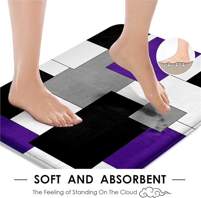 Purple Geometric Shower Curtain Set with Toilet Lid Cover and Non-Slip Rugs for Bathroom, Grey Black White Checkered 4 Pcs Shower Curtain, Abstract Modern Bathroom Set with 12 Hooks