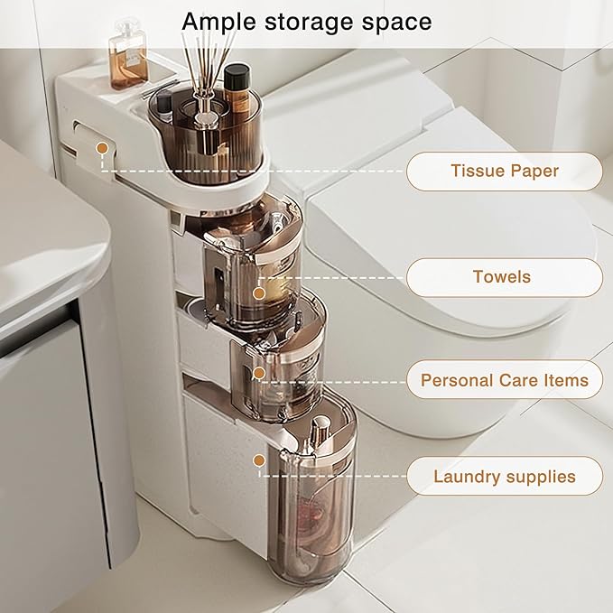 VECELO 3-Tier Slim Bathroom Storage Cabinet with Wheels, Skinny Bathroom Storage Cabinet with Drawers, Toilet Paper Holder, Movable Narrow Floor Cabinet for Small Space, Bathroom
