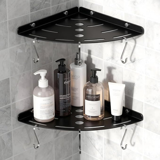 2 Pack Corner Shower Shelves, 304 Stainless Steel Corner Shelf Bathroom with 6 Hooks 40 lbs Heavy Duty, Durable for Inside Shower Brushed Nickel Drilling Installation(Black)
