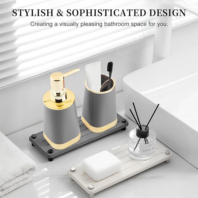 Bathroom Accessories Set, 2Piece Grey and Gold Bathroom Accessories Include Soap Dispenser and Toothbrush Holder for Modern Bathroom Decor