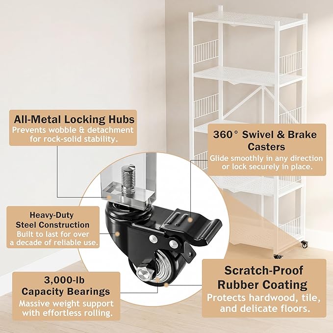 Folding Shelves No Assembly, 5 Tier Heavy Duty Foldable Storage Shelves with Wheels, 220LBS Per Shelf Metal Collapsible Rack for Garage Pantry, White