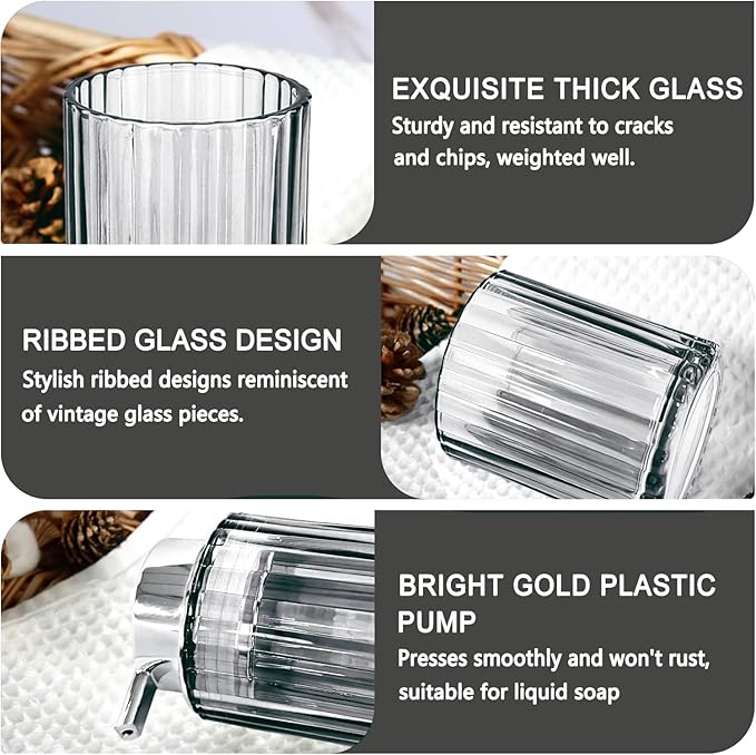 CERBIOR Bathroom Accessories Set, 4 Pcs Glass Accessories Sets Includes Soap Dispenser, Toothbrush Holder, Toothbrush Cup, Soap Dish for Decorative Countertop and Housewarming Gift,Silver Grey