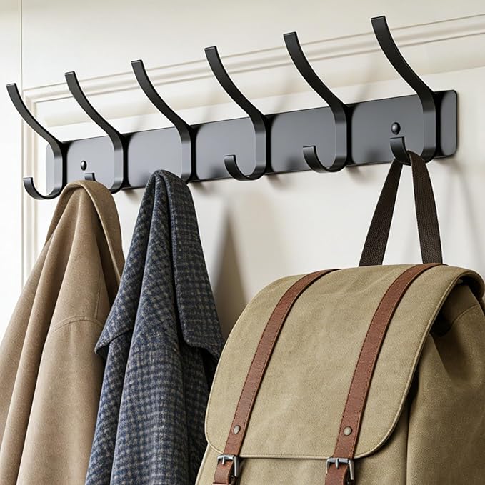2-Pack Wall Mounted Coat Rack with 6 Hooks, Rustproof Aluminum Heavy Duty Coat Hooks for Wall, Space-Saving Organizer for Coats, Hats, Towels, Entryway and Bathroom, Black